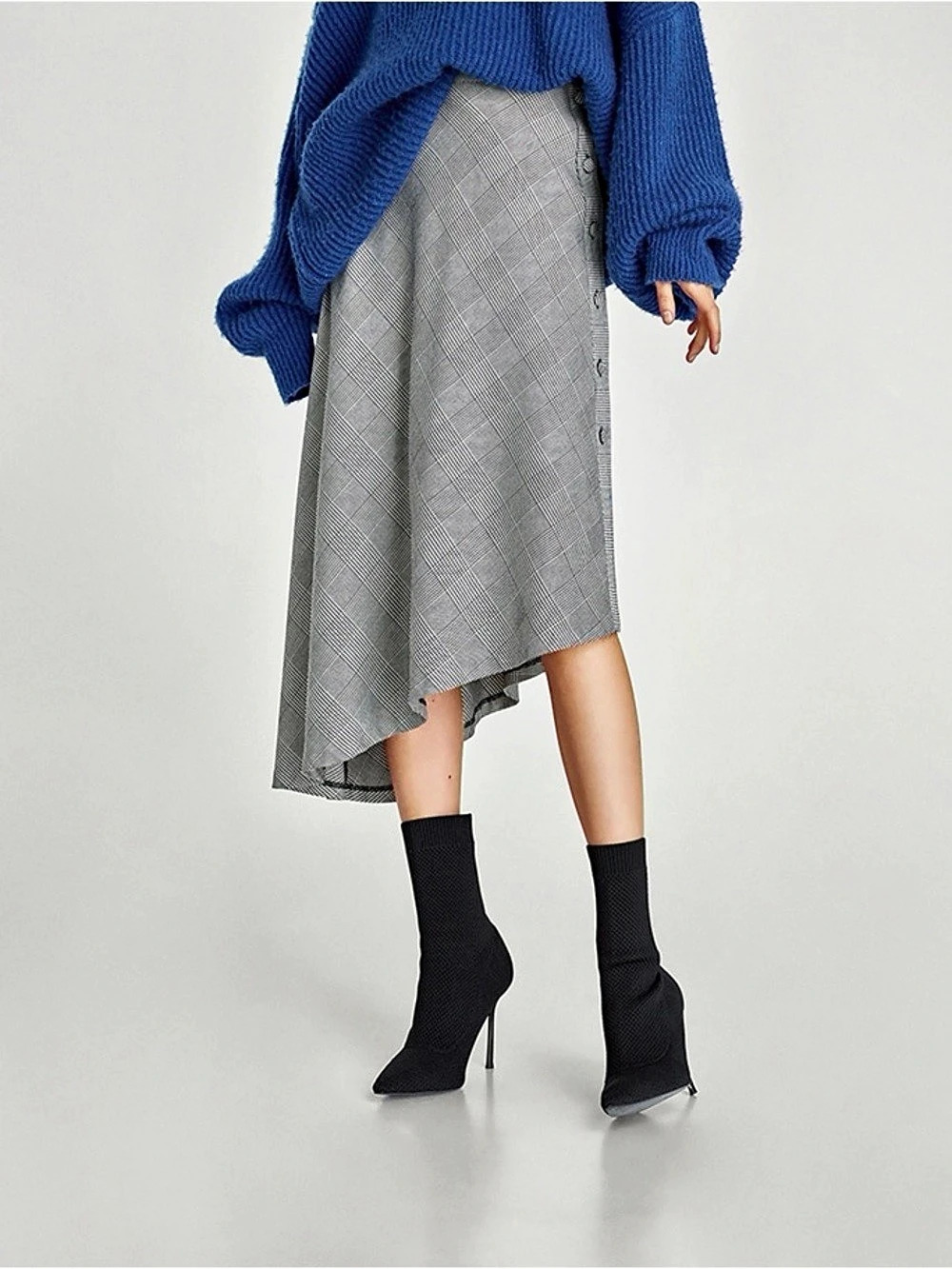 Zara Houndstooth Asymmetrical Midi Skirt with side buttons Size Small